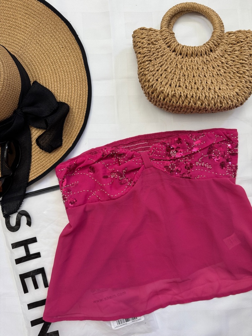 SHEIN Fuchsia Sequin Strapless Chiffon Tube Top